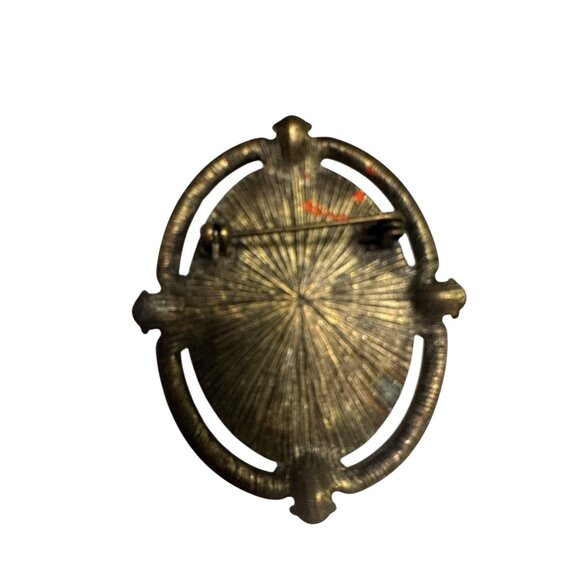 Vintage Gold-Tone Oval Floral Brooch With Hand-Painted Rose & Pink Rhinestones - Picture 4 of 4